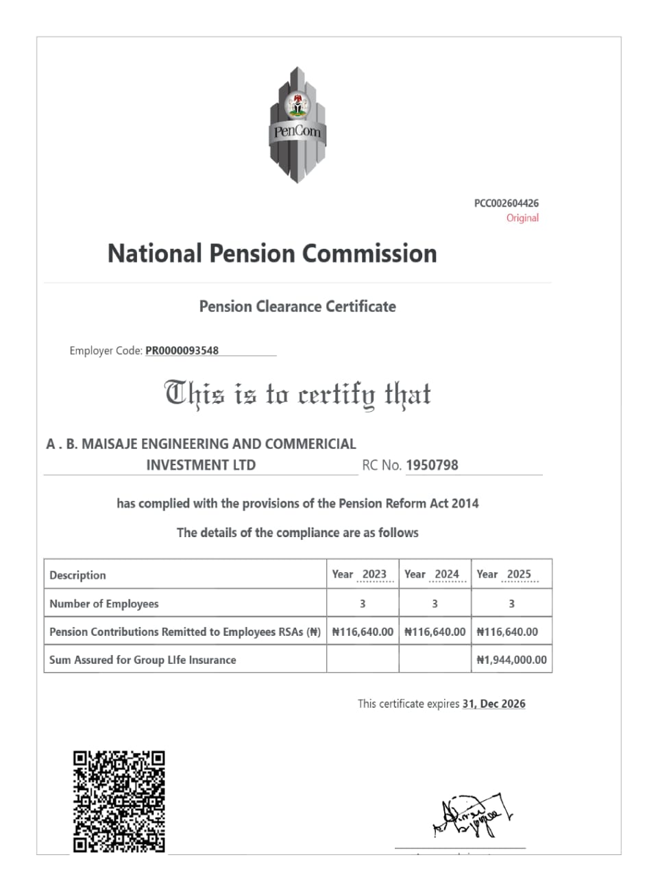 PenCom Pension Clearance Certificate