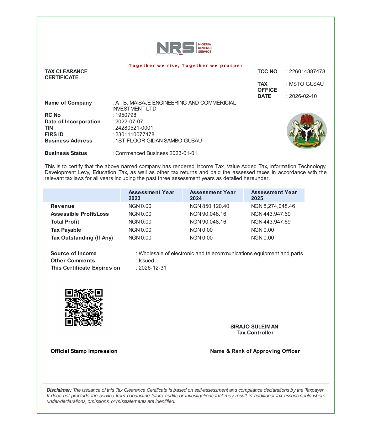 3-Year Tax Clearance Certificate